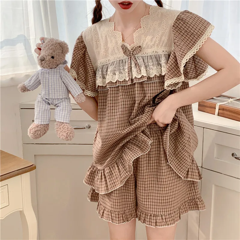 

Women Men Sleepwear Home Suit Couple Pajama Set Lace Embroidery Princess Loose Plaid Homewear Shorts Pyjamas Cute Out Wear S170