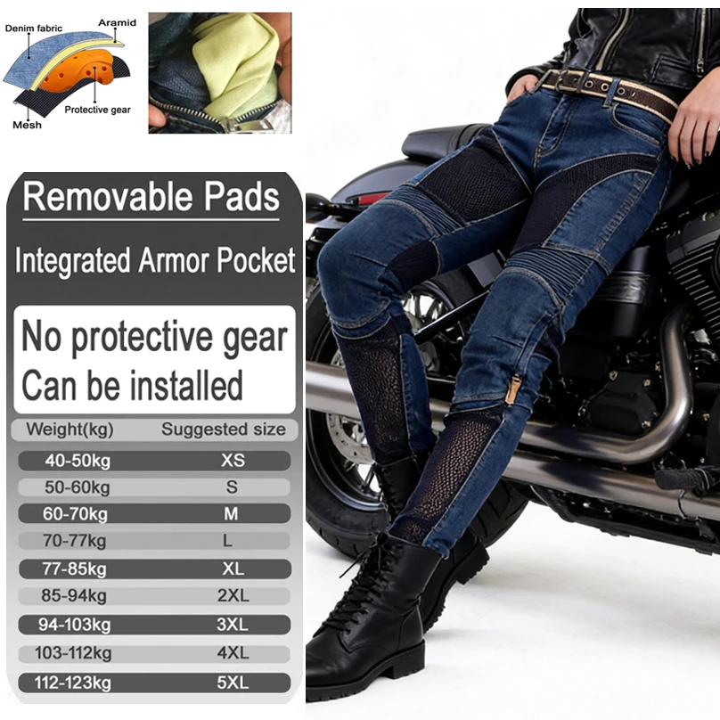 Pantalones vaqueros de moto de verano para mujer, de Kevlar, azules, de malla, cortavientos, con bolsillos para armaduras (armaduras no incluidas) 032