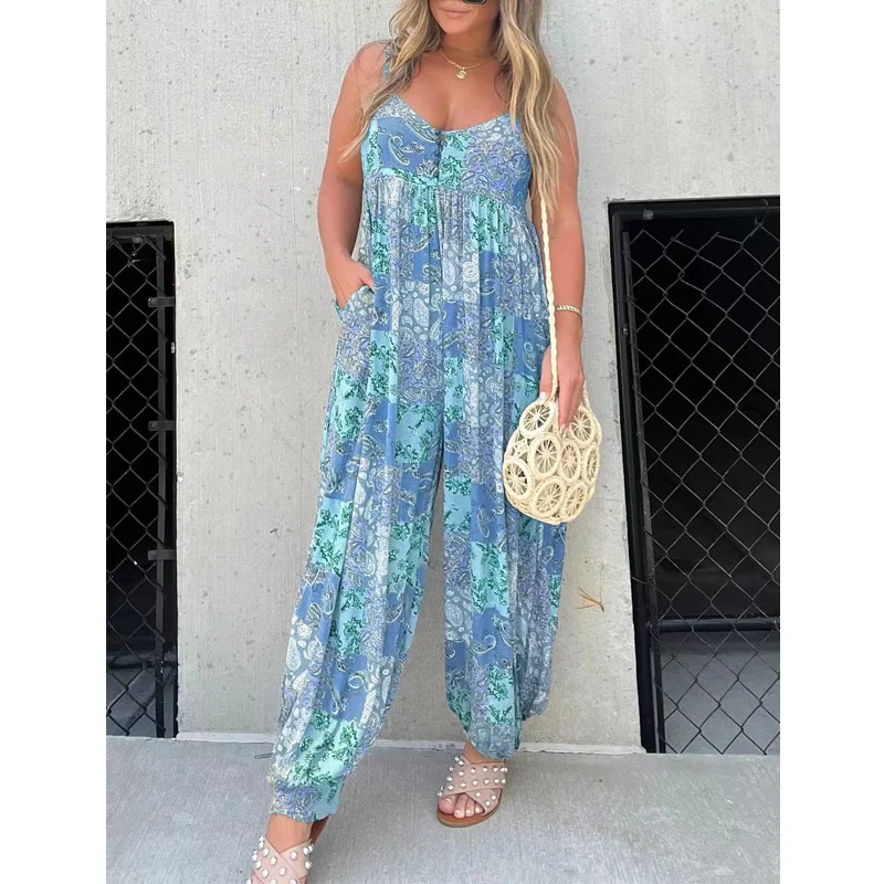 Jumpsuits For Women 2024 Spring Summer Printed Spaghetti Strap hollow Out Back Loose Jumpsuit Romper