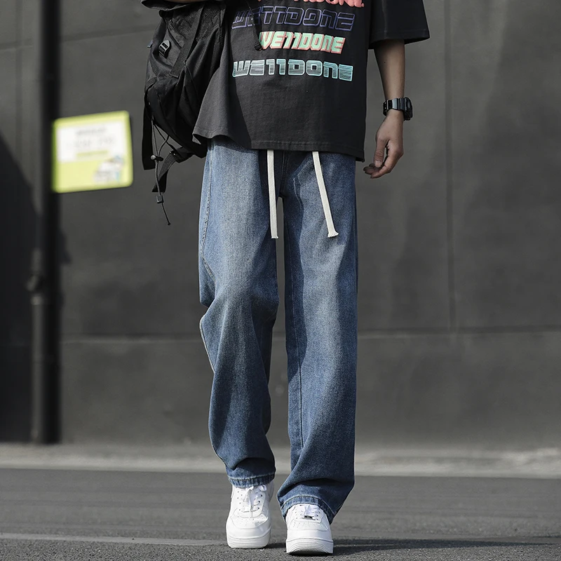 Fashion Loose Elastic Waist Spliced Pockets All-match Bandage Casual Pants Men's 2024 Spring New Oversized Solid Color Jeans