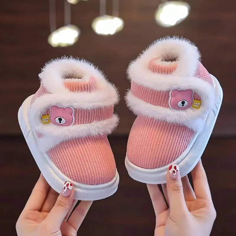 Sepatu bot katun atas tinggi untuk anak-anak, sepatu bot salju luar ruangan sol tebal tebal tebal tebal berkait kartun, sepatu bot hangat untuk anak laki-laki dan perempuan musim dingin