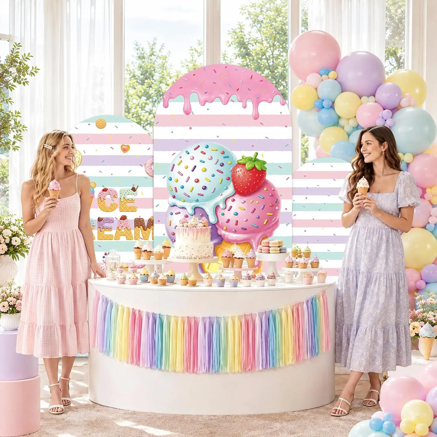 Custom 2-sided Striped Ice Cream Arch Backdrop Cover Waffle Sprinkle Sweet Birthday Dessert Cake Table Background Party Supplies