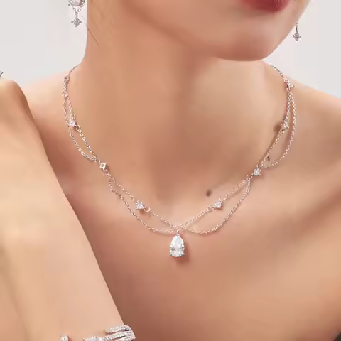 Luxury Sterling Silver Double-Deck Water Droplet Shape Women Choker AAA Zircon Chain Necklace Fine Jewelry Wedding Party Gift