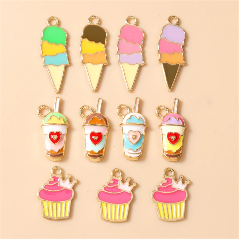 10 Stück niedliche Emaille-Anhänger in Form von Lebensmitteln, Eiscreme und Getränken für die Schmuckherstellung, zum Beispiel für Ohrringe, Halsketten und Armbänder – ideal für DIY-Bastelarbeiten. – Detail 1