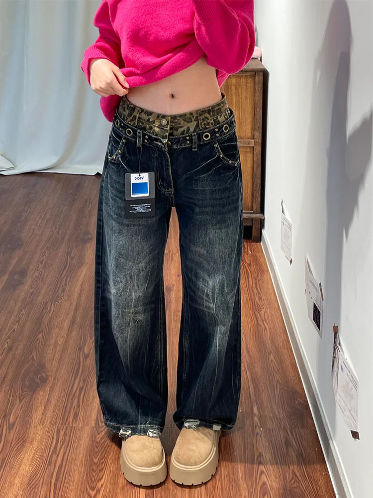 

Retro American Large Size Denim Jeans Women's Loose Slim Wide Leg Long Pants Bead Design Splicing Leopard Pattern Trendy