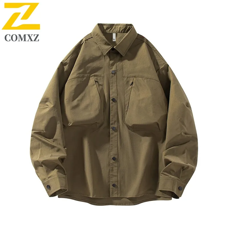 COMXZ 2025 Mens American Workwear Poplin Jacket Vintage Khaki Waterproof Coat