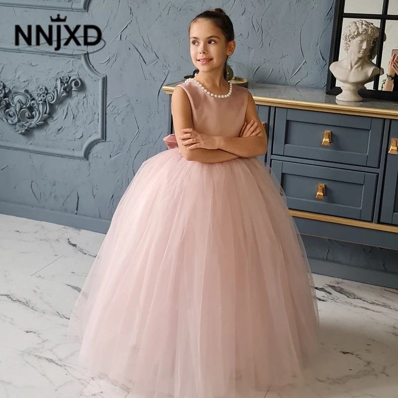 Elegant Girl Party Princess Dress 5-14T Children White Big Bow 1st Communion Tulle Long Gown Bridesmaid Girl Dresses for Wedding