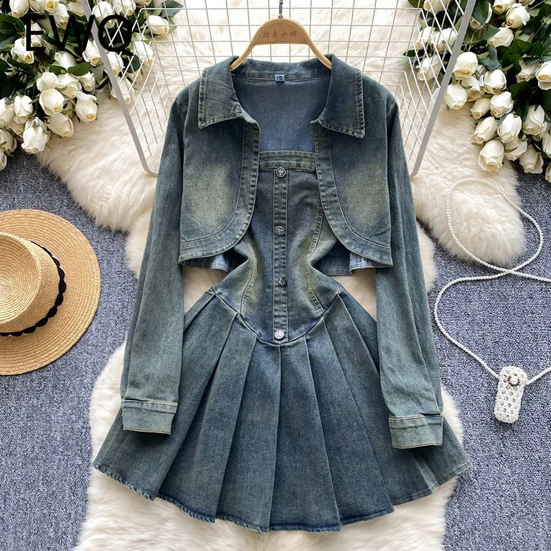 EWQ Vintage Demin 2 Piece Sets For Women 2 Pieces Fashion Strapless A-line Zipper Short Dress＋loose Long Sleeve Coat 27X1035