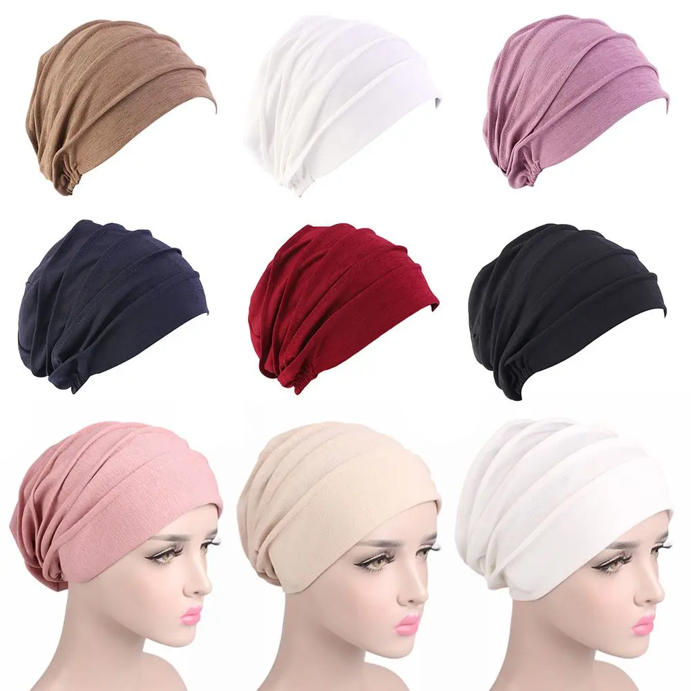 Women Elastic Turban Beanie Soft Cotton Bonnet Muslim Hijabs Head Wrap Chemo Hat