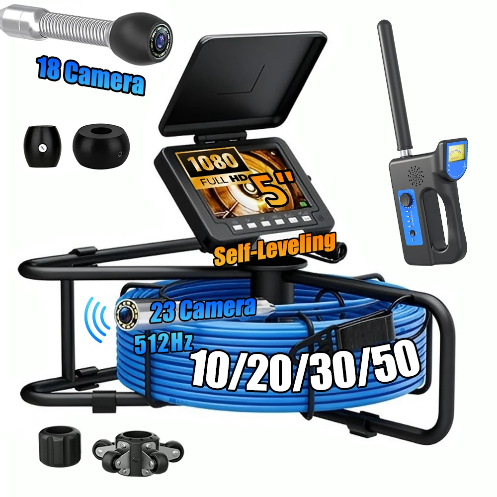 Sewer Camera - 512Hz Self-Leveling ,Sewer Inspection Camera with 5X Zoom, 18/23mm Probe Endoscope Camera with 5300mAh Battery