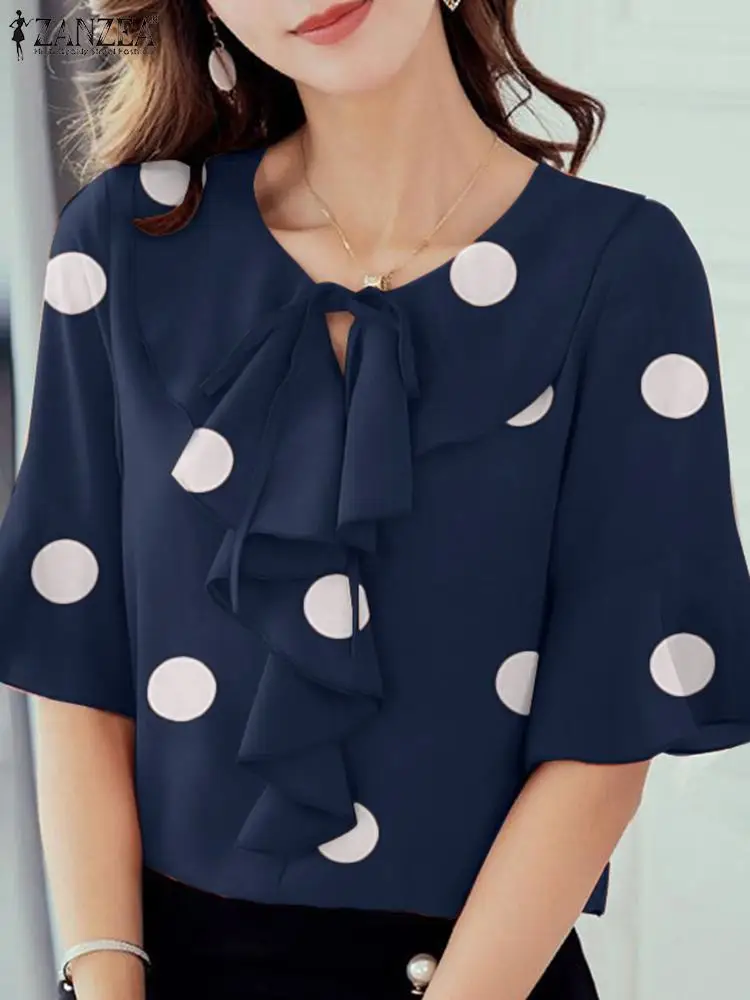 2024 ZANZEA Summer Women Fashion Ruffles Hem Tops Elegant Lace Up Work Shirt Holiday Blusas Half Sleeve Polka Dot Printed Blouse