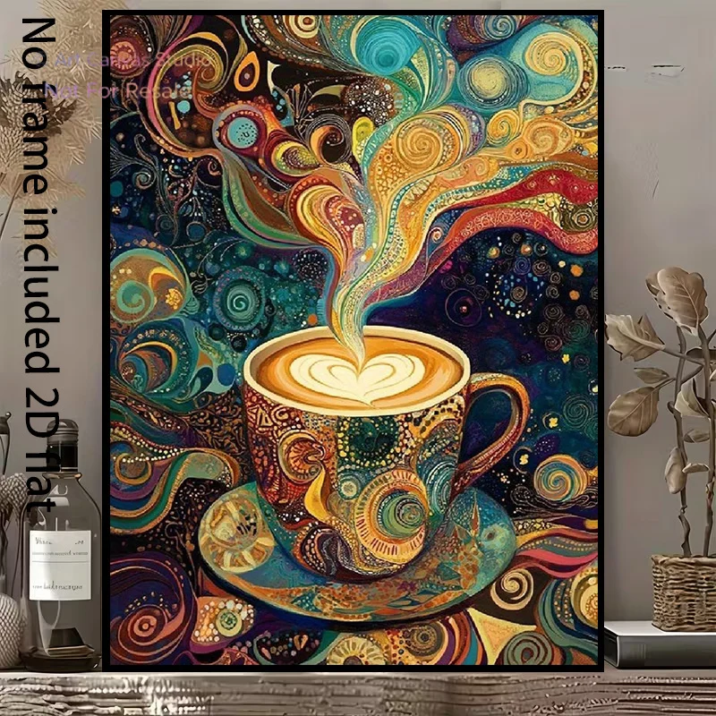 2D Flat, [2D Flat] 1pc Decorative Canvas Art: Colorful Coffee Cup Canvas Painting, Artistic Creation Featuring Heart-Shaped L