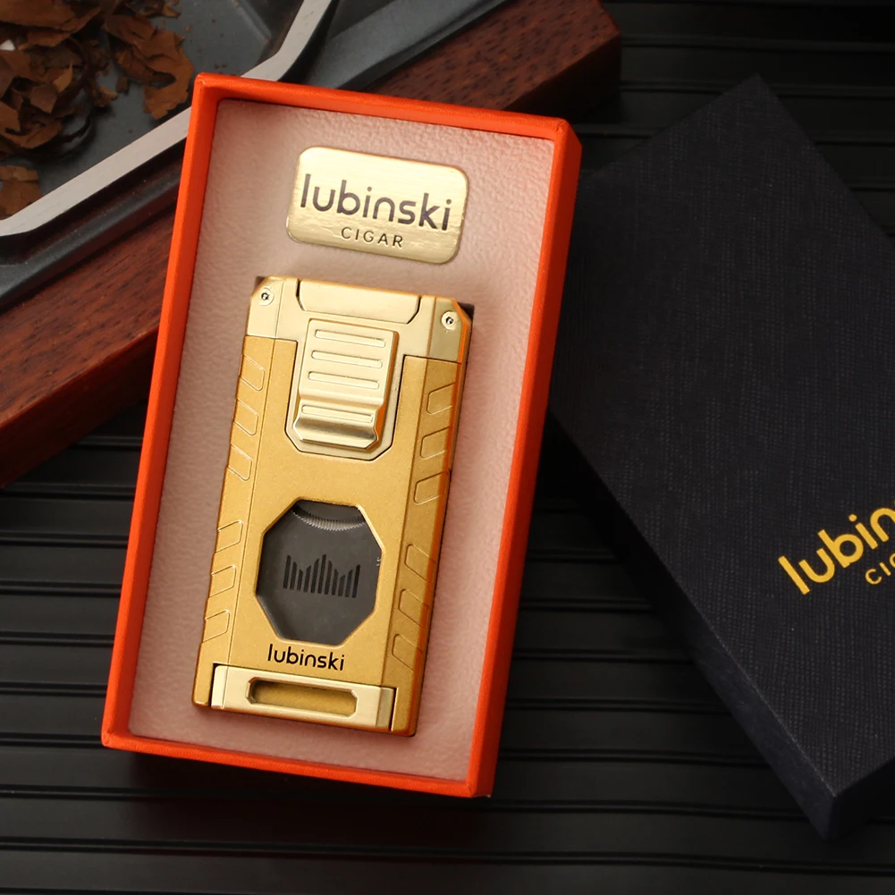 LUBINSKI Cigar Lighter Gas Torch Jet Blue Flame Lighters Smoking Cutter Cigar Accessories With Needles Punch Cigar Tool