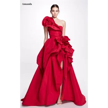 Amanda Customized Red Satin Prom Gown A-line 3D Big Flower Evening Formal Elegant Floor-Length One Shoulder Party Dresses 2024