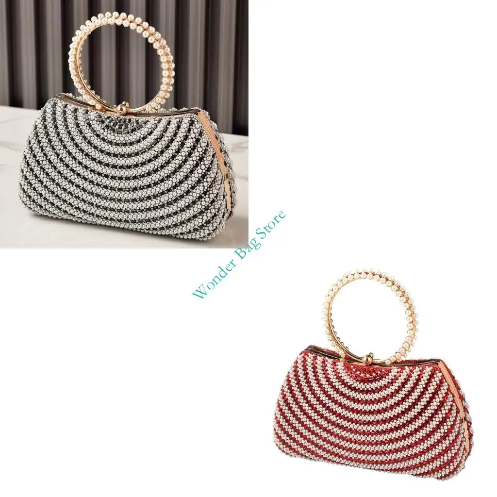 

Women Elegant Beaded Embellished Evening Bag Faux Pearls Decors Wedding Party Prom Handbag Practical Polyester Crossbody Purse