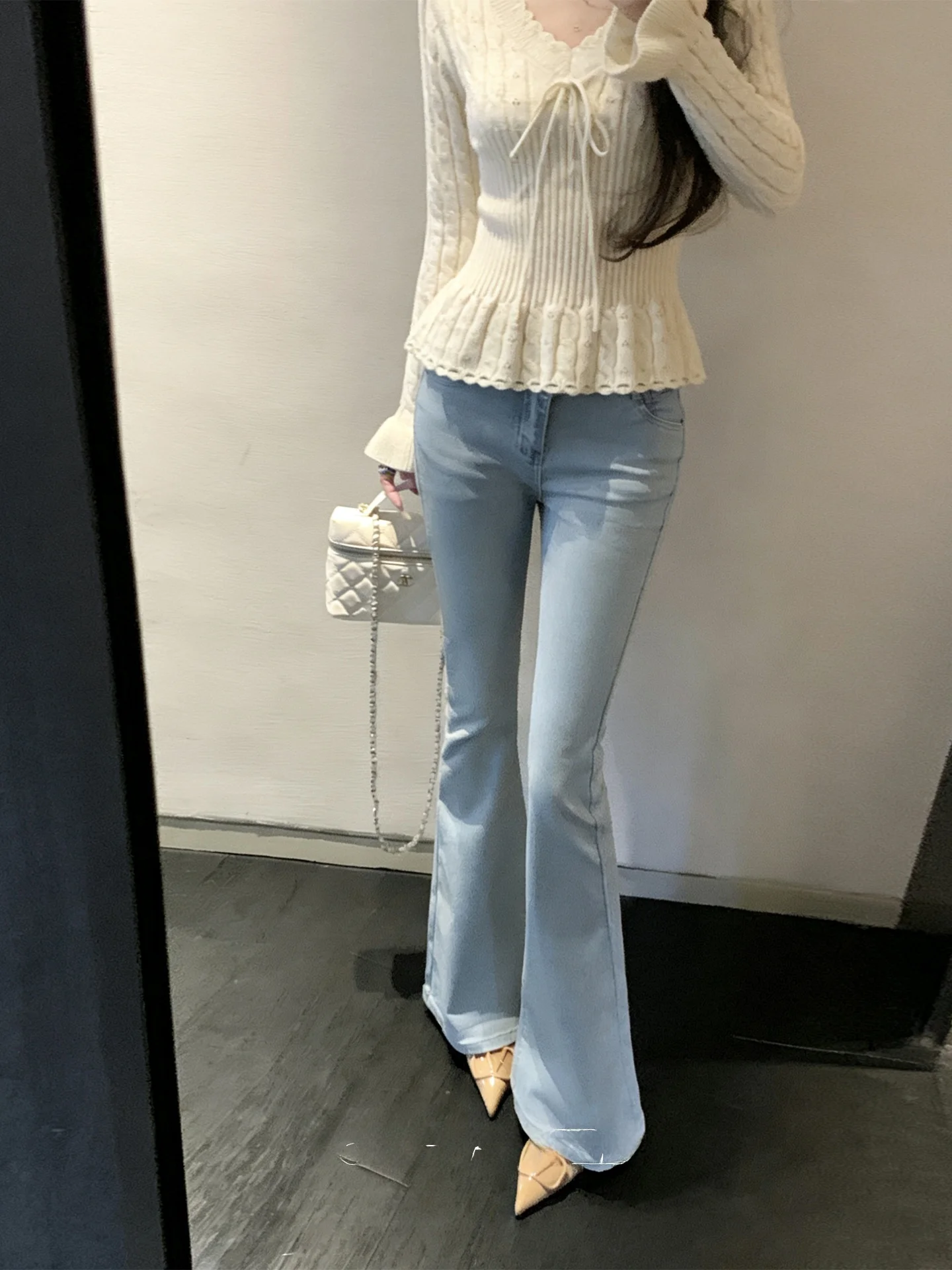 

Slimming Effect Blue Jeans Women's Spring Summer Versatile Elastic Bell Bot Long Pants Cotton l Waist Zipper Closure