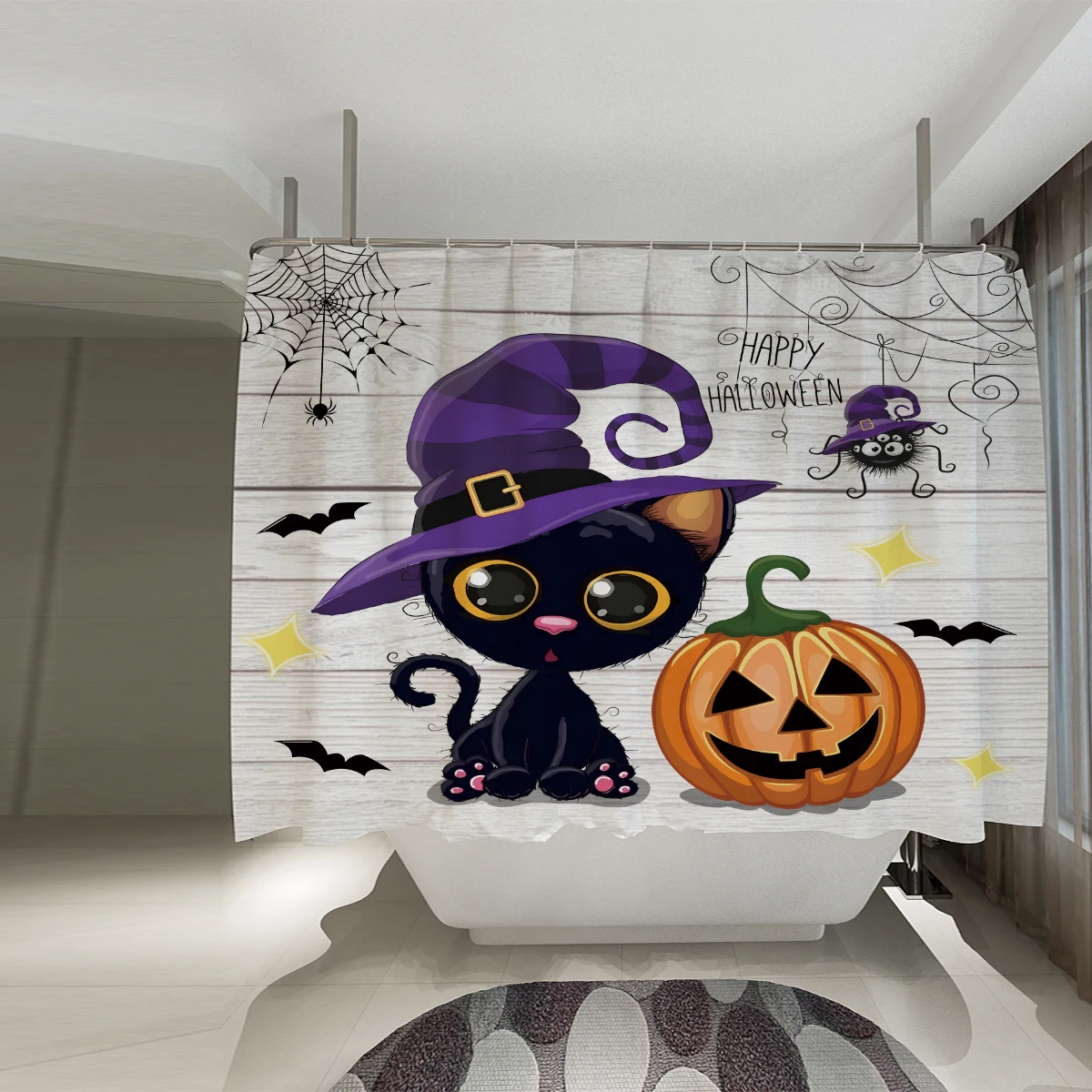 1PC Halloween Element Pattern Waterproof Shower Curtain with 12 Hooks 71x71 In Bathroom Decor for Hotel and Home