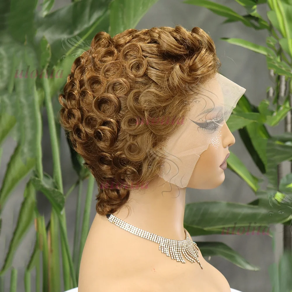Braune kurze lockige Pixie-Cut-Perücke mit 13x4 Lace-Front aus Remy-Echthaar für Frauen, Schokoladenbraun 4 # Wellige, geschichtete, kleberlose Perücken mit Pony – Detail 11
