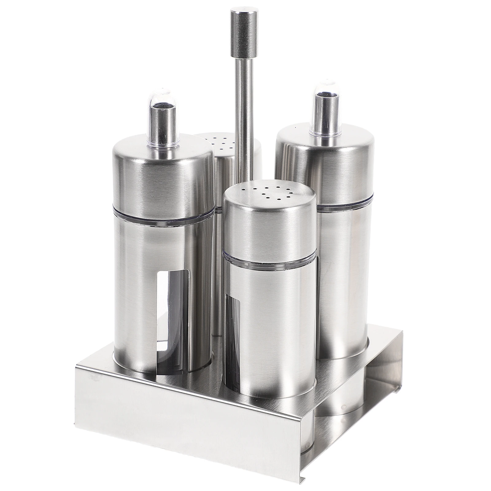 

Набор бутылок для приправ, 4 бутылки, 1 подставка, съемный, из нержавеющей стали, легкий наливной, прозрачный кухонный инструмент, ящик для хранения соуса и уксуса
