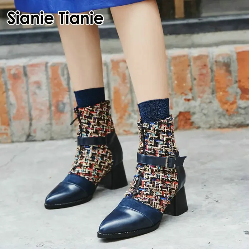 Sianie Tianie new wholesale houndstooth plaid checker woman winter boots fashion warm riding female ankle boots size 32-48