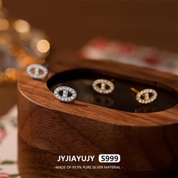 JYJIAYUJY 100% Whole Original Pure Silver S999 Mini Stud Earrings 8MM Pig Nose Full Zircon Design Fashion Jewelry Gift JYE64