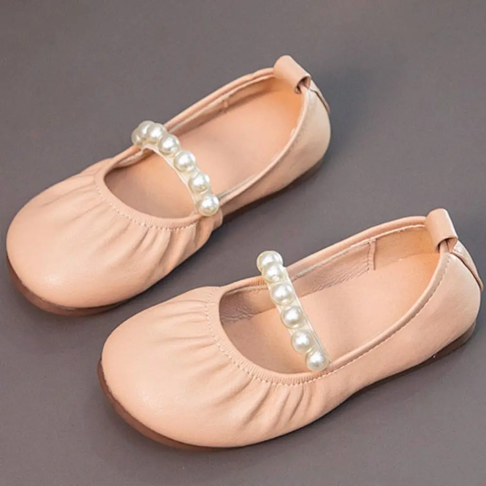 Fashion Sweet Children Leather Shoes Pearl Soft Soled Girls Princess Shoes Slip-on Style Lightweight Kids Casual Flats Autumn