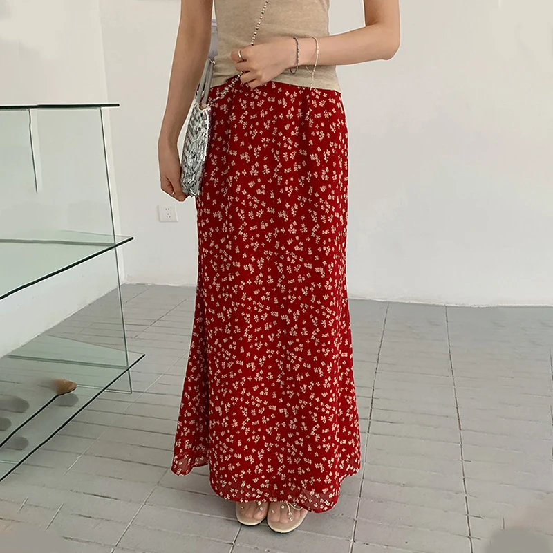 เกาหลีสูงเอวกระโปรงยาวสีแดงผู้หญิง High End ดอกไม้พิมพ์ Faldas 2025 ฤดูร้อนอารมณ์สง่างาม A-Line Maxi กระโปรง