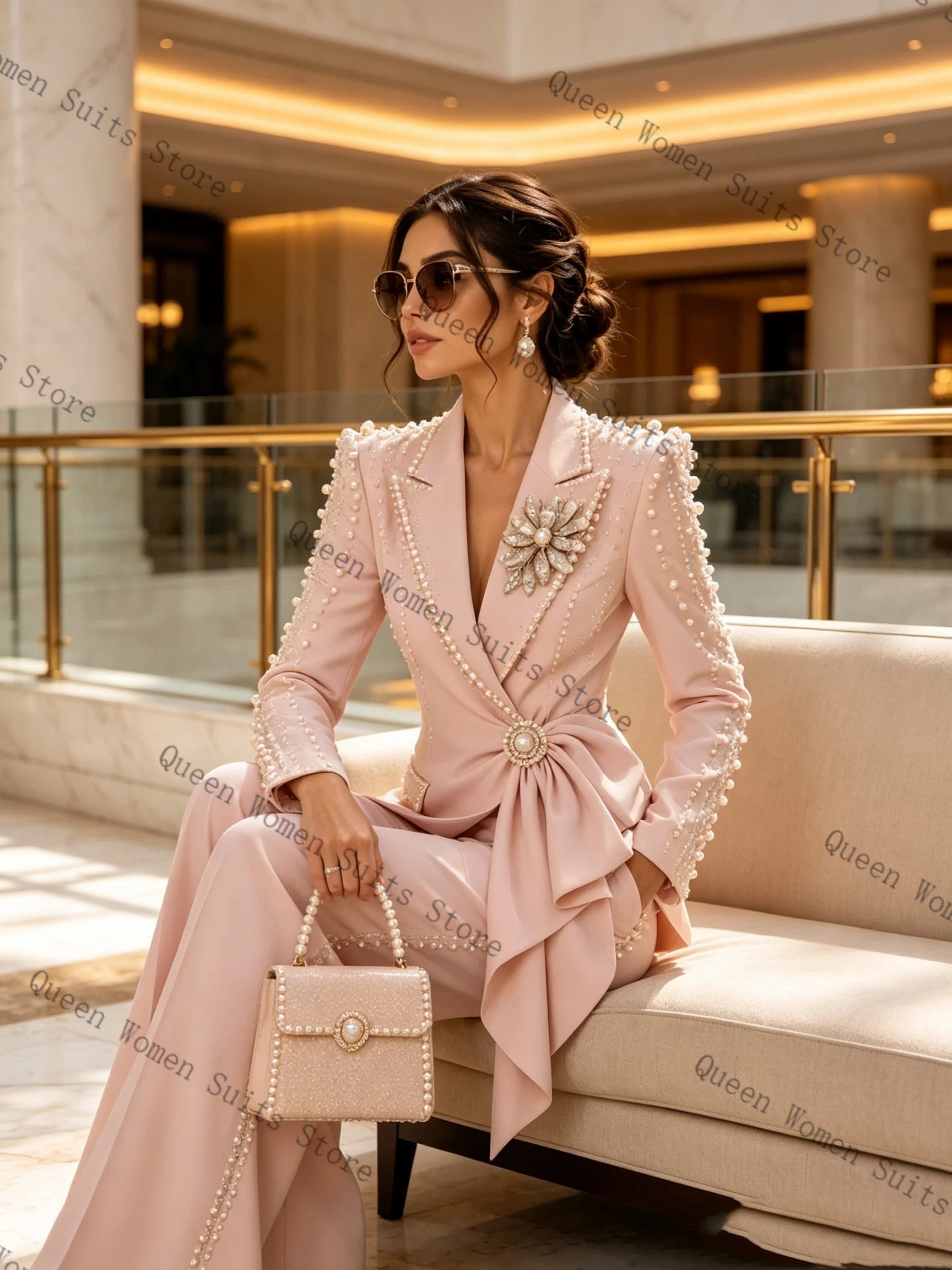 Pink Women Suit Set 2 Pcs Crystals Blazer Pants Trousers Cotton Autumn Formal Office Lady Jacket Wedding Coat Customized