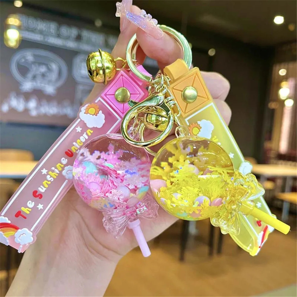 New Creative Lollipop Key Chain Cute Car Keychain Luxury Floating Oil Moving Liquid Key Ring For Women Bag Pendant Keyfob