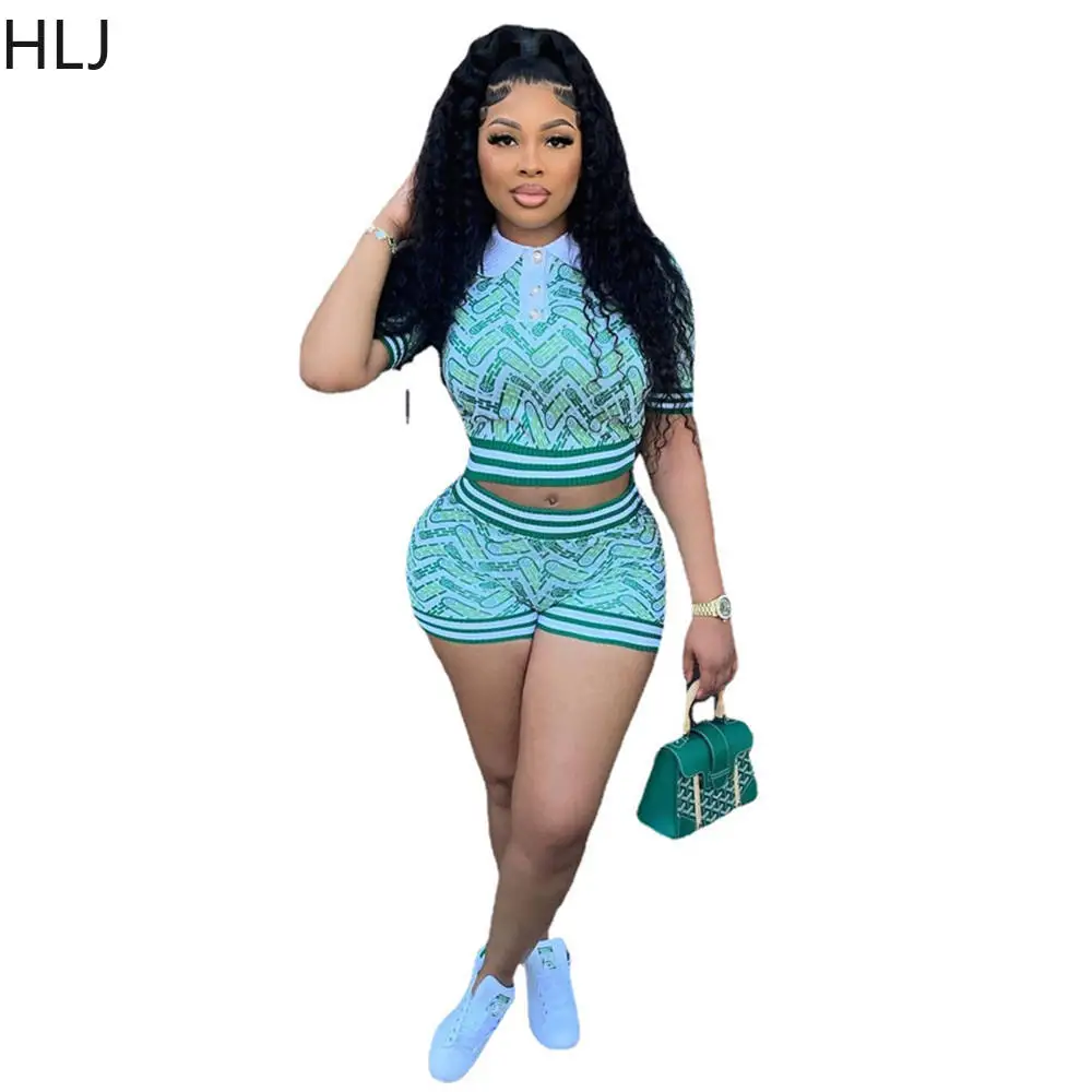 HLJ Blue Summer Printing Shorts Two Piece Sets Women Polo Nack Crop Top And Shorts Outfits Fashion Y2K Matching 2pcs Streetwear