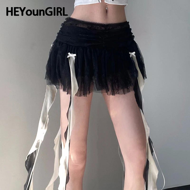 HEYounGIRL-minifalda de encaje con dobladillo y volantes para mujer, ropa femenina de cintura baja Kawaii, elegante, moda coreana