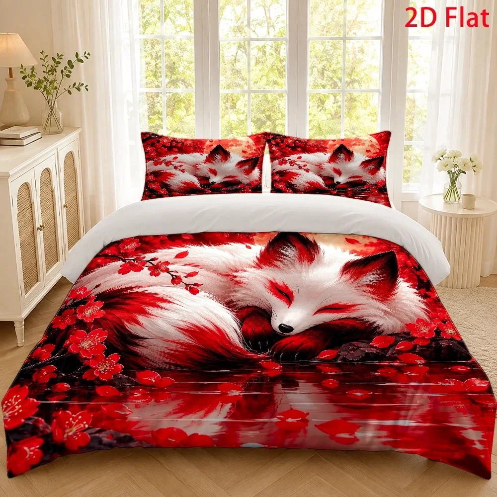 Red Fox Floral Oriental Art Style All Seasons Machine Washable Duvet Cover Set 3Pc King Queen Size Bedding Set Breathable