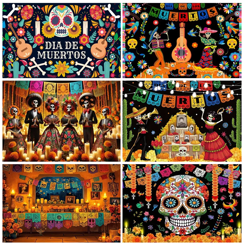 

Mexican Day of The Dead Party Background Marigold Colorful Sugar Skull Altar Photography Backdrop Supplies Photo Shoot Props