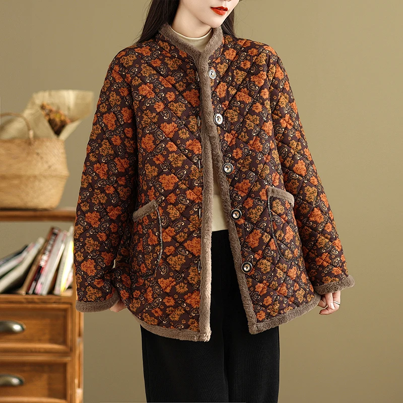 

Свободное теплое верхнее пальто с цветочным принтом и воротником-стойкой на подкладке для среднего возраста и ли, осенне-зимняя новая одежда для мамы