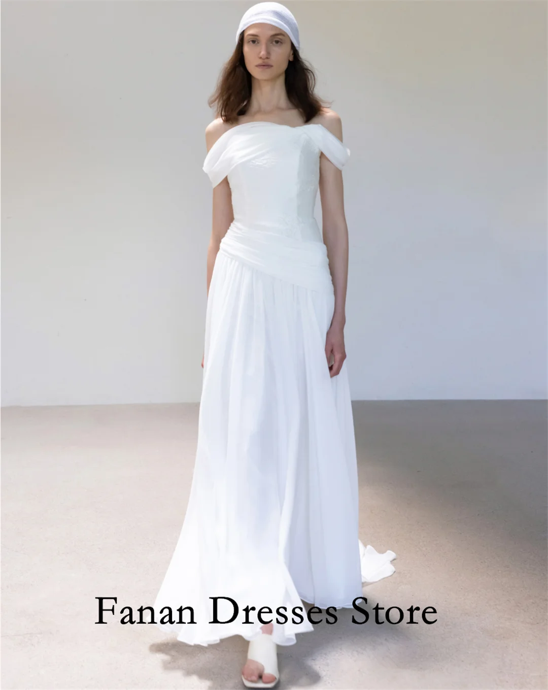 FANAN Corea Monospalla Elegante Chiffon A-Line Increspato Sweep Train Abiti da sposa Garona Avorio Personalizzato Pretty Brid