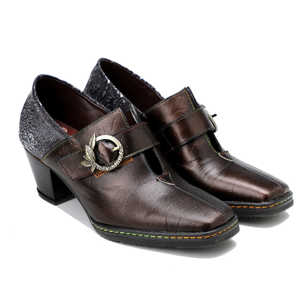 

Retro square toe hand-printed leather single shoes plus size spring and autumn new thick heel women's autumn high heel shoes