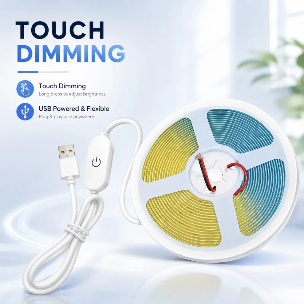 1-5M USB COB LED Strip DC5V 320LEDs/M Touch Dimmer Flexible Tape Light for TV Mirror Cabinet Kitchen Room DIY Decor Backlighting