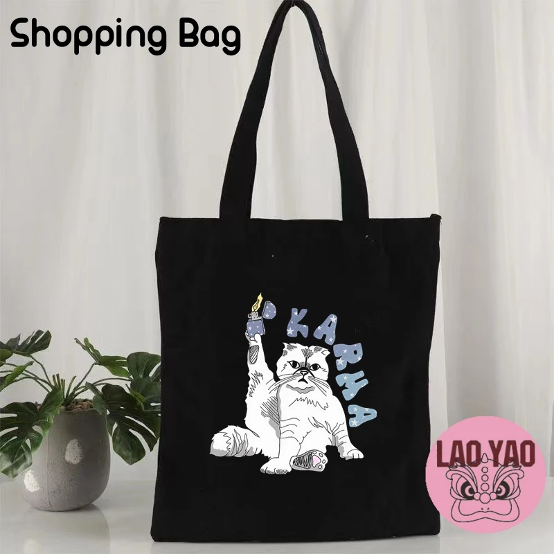 Funny Cute Cartoon Tote Bags for Women Blouse with A Cat Shopping Bag Birthday Gift Totebag Shopper Women's Cloth Carry Canvas