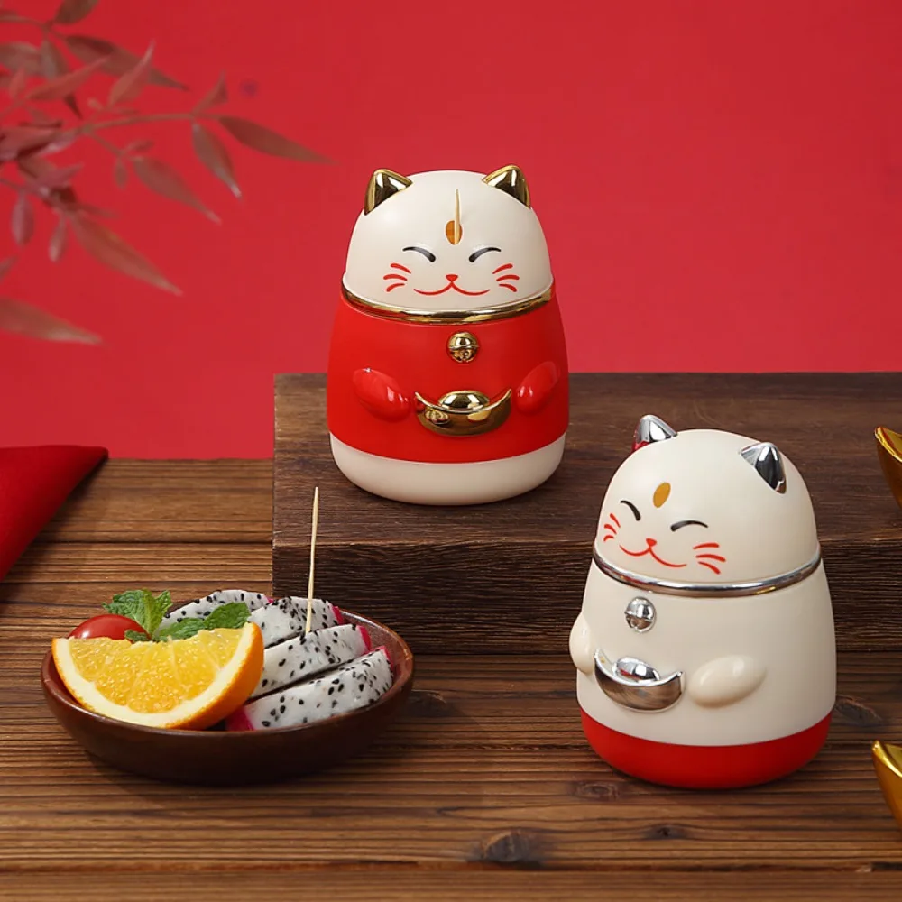 Cartoon Plastic Lucky Cat Toothpick Box Pressed Design Chinese Style Toothpick Holder Dust-proof Toothpick Dispenser Restaurant