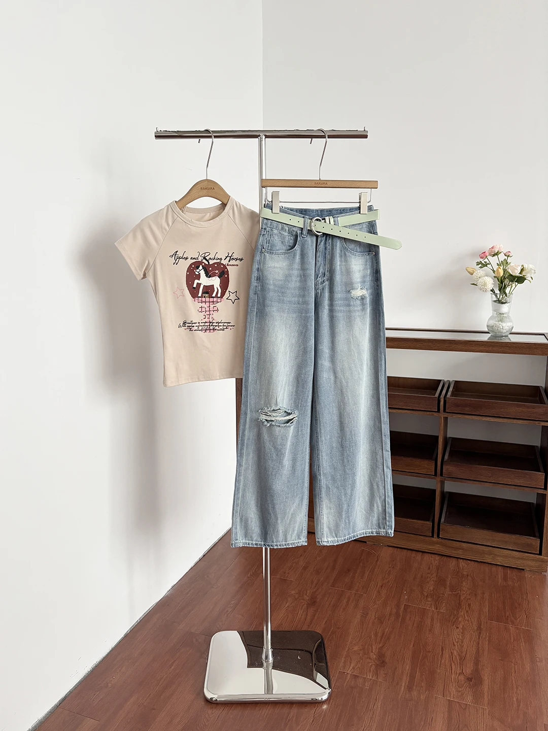 

Summer 2026 High Waist Wide Leg American Style Denim Jeans Women's Versatile Straight Cut Long Pants Torn Design Polyester Fa...