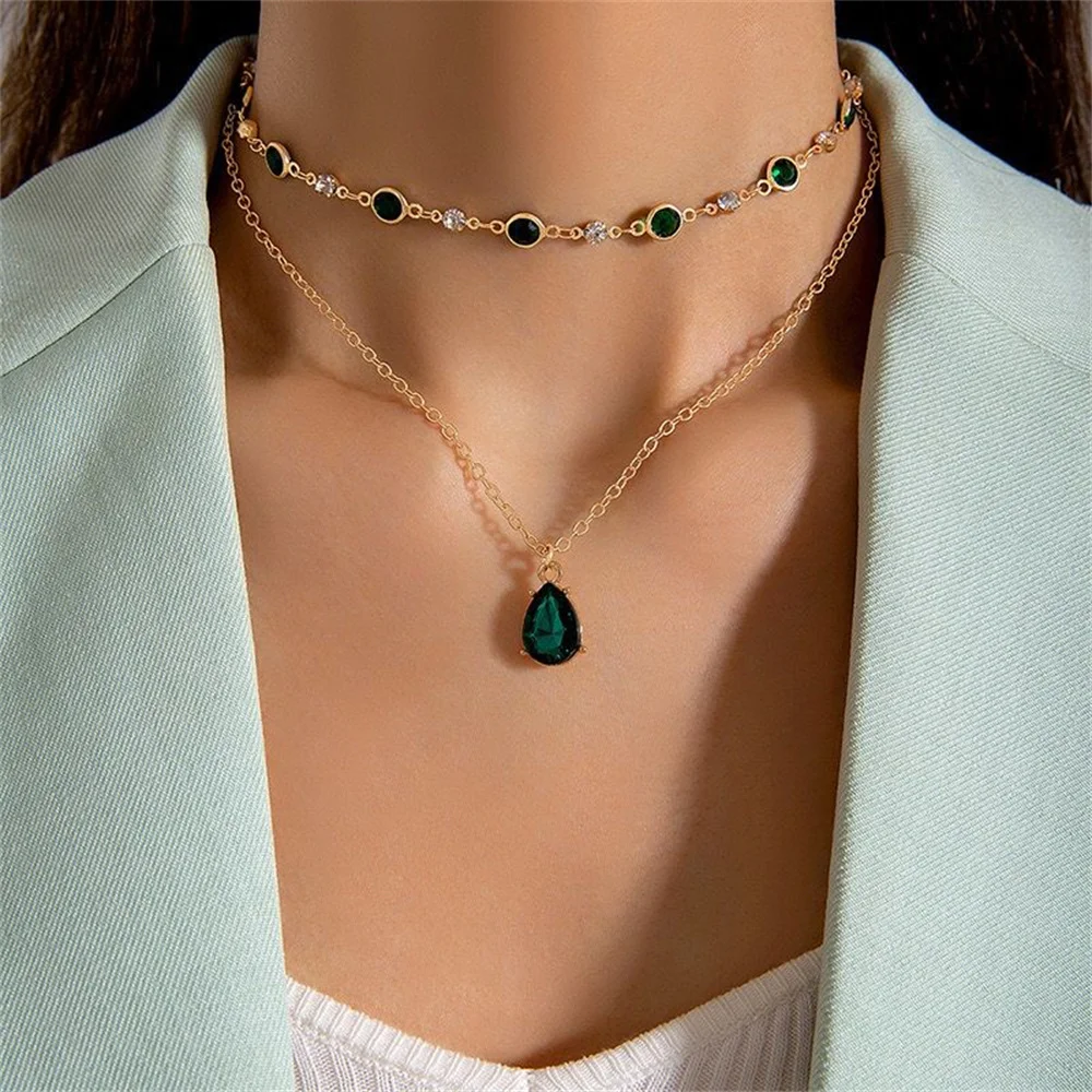 Fashion Boho Gold-plate Crystal Chain Green Water Drop Pendant Female Necklace For Women Vintage Baroque Choker Jewelry Gift