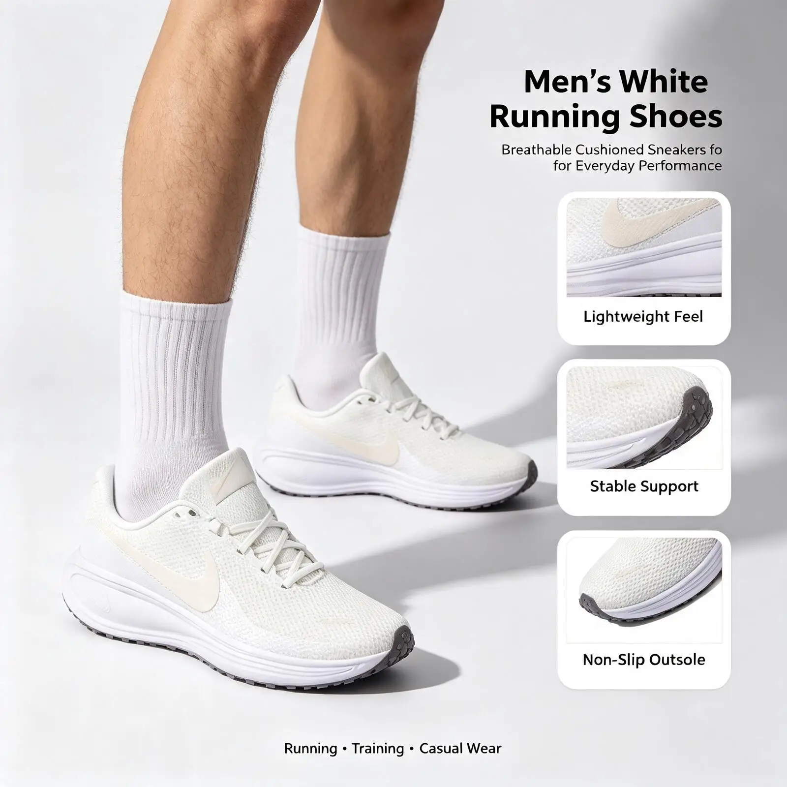 Nike White Mens Running Shoes Breathable Cushion Sneakers Non-Slip Athletic Sport Shoes Male Casual Walking Footwear HJ8485-105