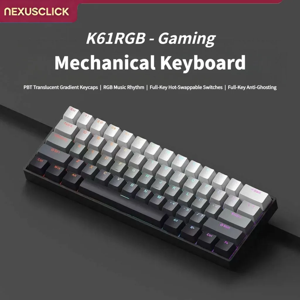 NexusClick K61 Brown Switch Gaming Keyboard, Wired Mechanical Hot Swappable RGB Backlit PBT Keycaps Esports Keyboard for Office