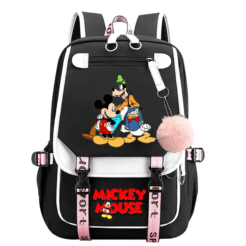 Disney Mickey Mouse Mochila Laptop, USB Recarregável, Saco De Estudante Do Ensino Médio, Meninas Estudante