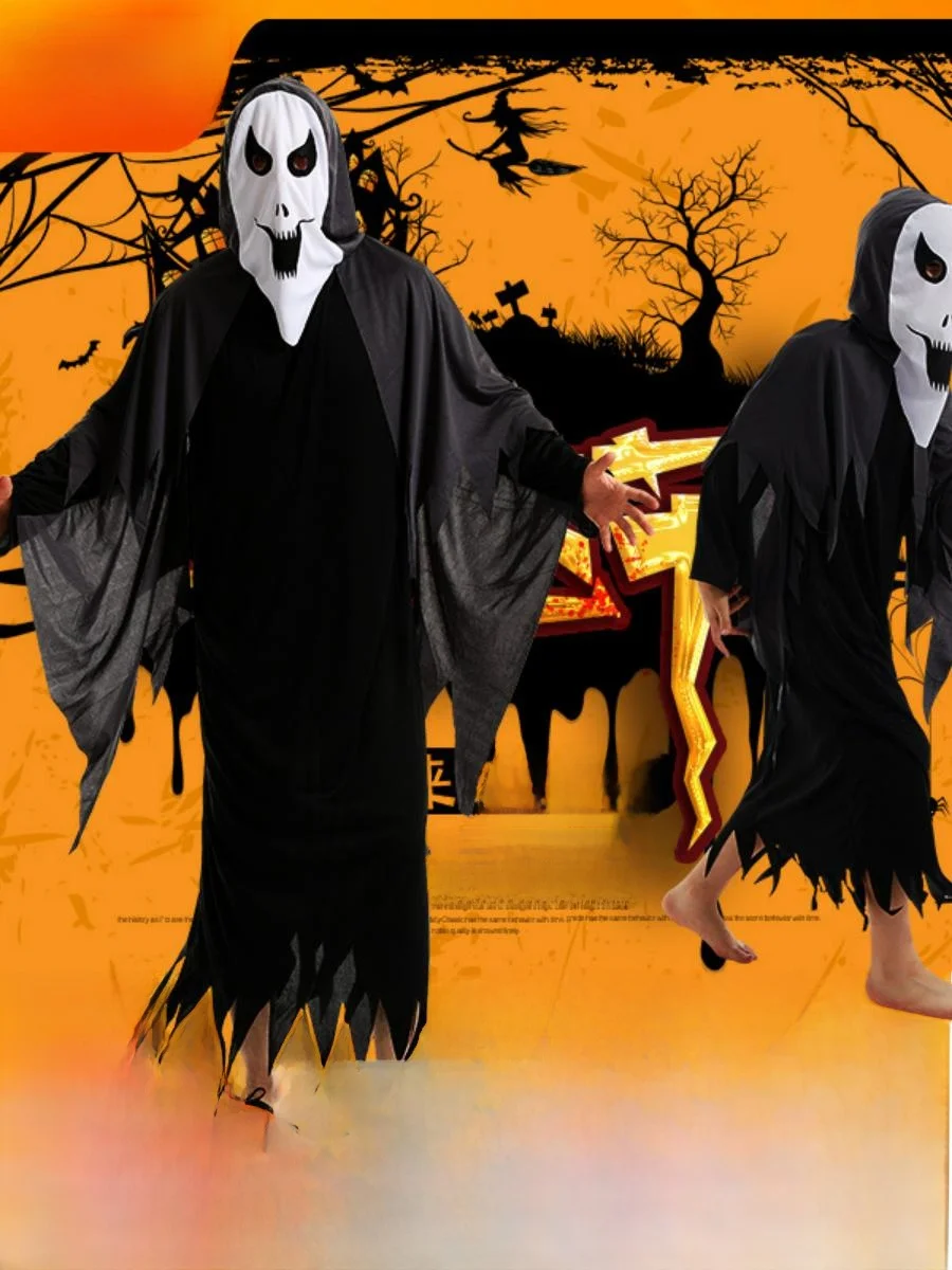 زي الهالوين للبالغين والأطفال، رداء أداء بتصميم الموت قادم قريباً، زي مخيف للمسرح مصنوع من البوليستر #3