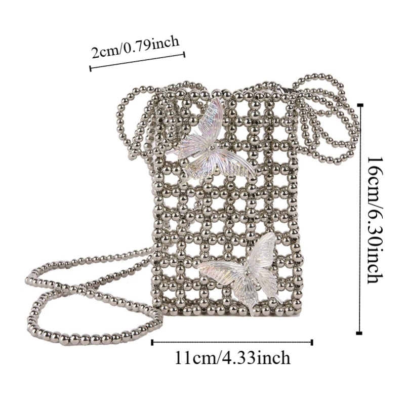 خمر لامعة حقيبة مربعة صغيرة المنسوجة فراشة مطرز حقيبة كتف الفضة اليدوية Crossbody الهاتف الحقيبة عطلة