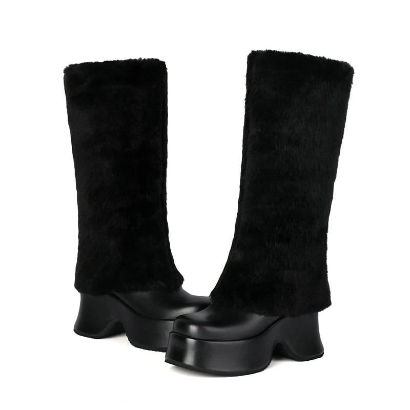 Bottes de neige chaudes à hauteur du genou pour femmes, rose, blanc, fausse fourrure, plate-forme, compensées, talons hauts, fourrure, designer, chaussures d'hiver