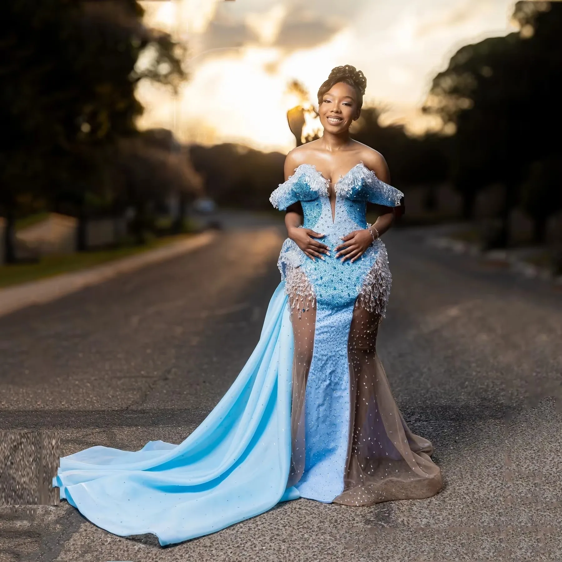 

Customize Sky Blue Prom Drees Mermaid vestidos de noche Embellishment Off Shoulder Party Dress See Through Custom Made Beads Eve