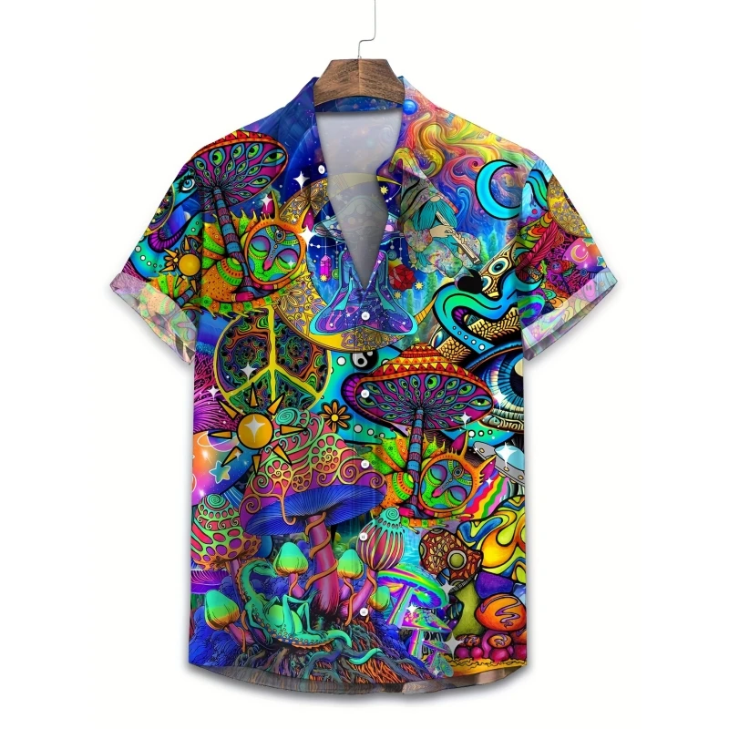 Hawaiian Shirt For Men Colorful Mushroom Graphic Short Sleeve Loose Lapel Button Shirts Printed T-Shirt Oversized Men's Clothing