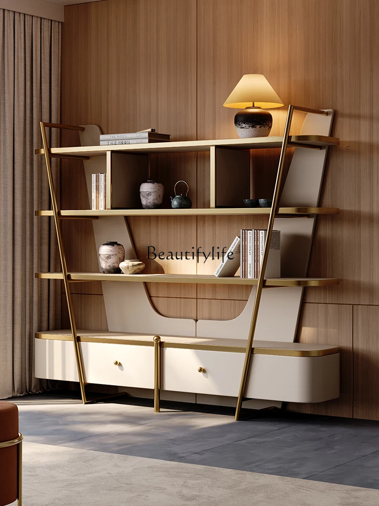 Light luxury bookshelf integrated against the wall floor multi-layer storage solid wood office tea room combination bookcase